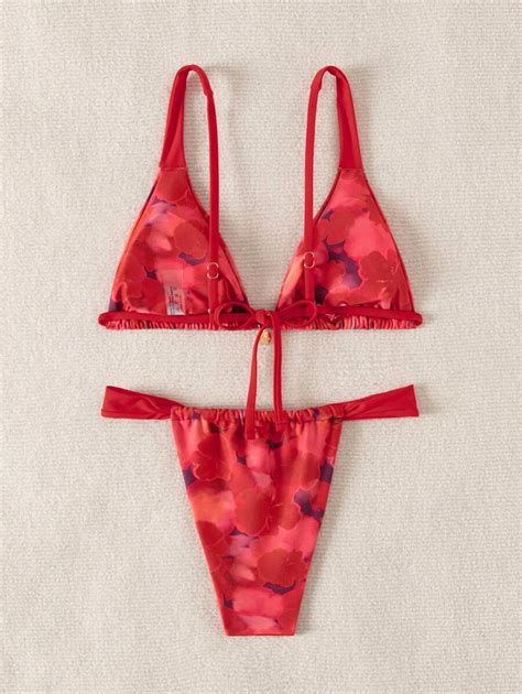 Women S Summer Beach Tie Dye Sexy Bikini Set Random Print Red Bikini