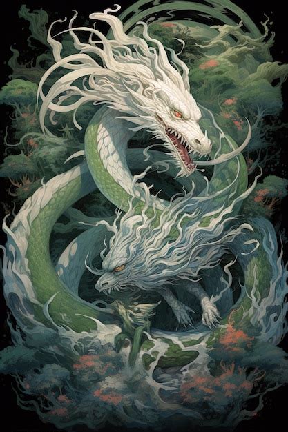 Premium Photo | Generative AI an art of a giant and white Dragon with dark backgrounds and green ...