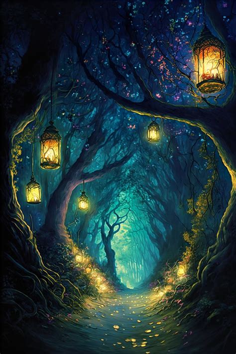 Spiritual Forest Wall Art Print Lanterns and Trees Gloomy Magical ...