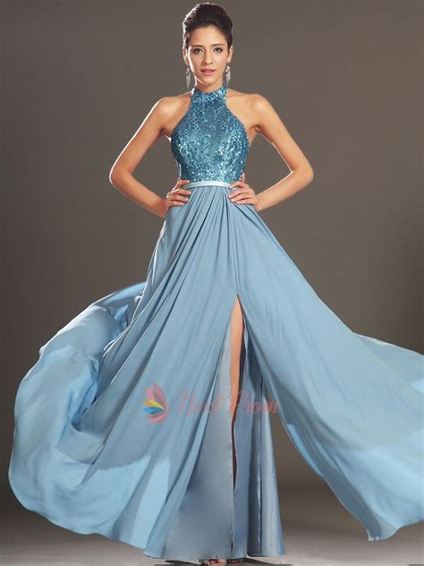 Sequin Halter Dress With Open Back Elegant Sequin Chiffon Promball Dress Light Blue Halter