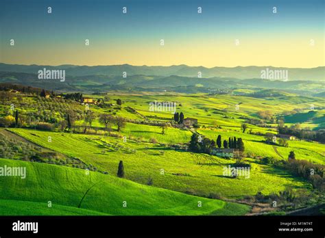 Volterra Panorama Rolling Hills Trees And Green Fields At Sunset