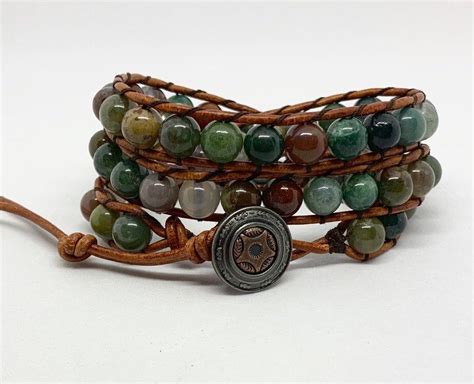 Indian Agate Gemstones Leather Wrap Bracelet Natural Etsy Leather