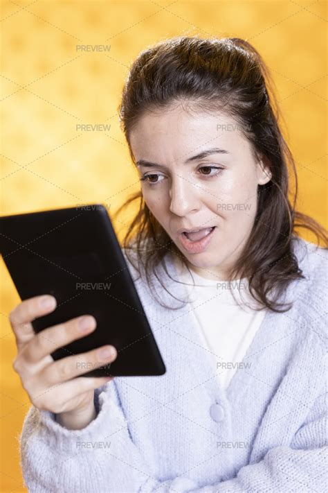 Woman Gasping, Hocked By Digital Novel Plot Twists, Studio Photoshoot