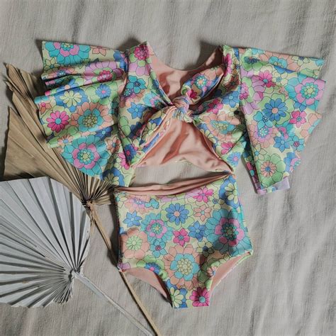 Girls Swimsuit Bikini Groovy Retro Neon Two Piece Bikini Set Birthday Shower Gift Etsy