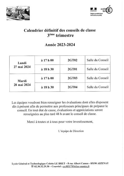 Questionnaire Et Calendrier Définitif Des Conseils De Classe De Fin D