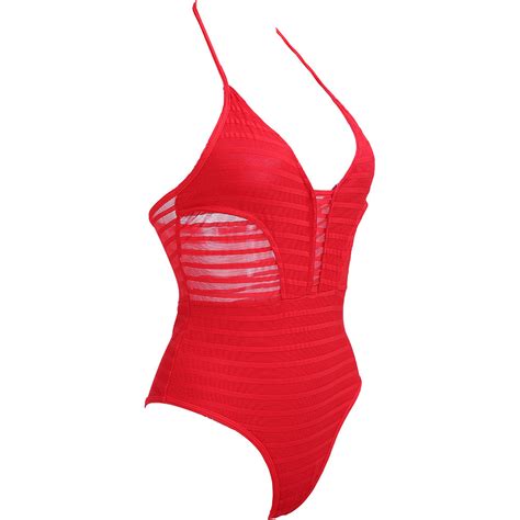 New Swimwear Women One Piece Swimsuit Black And Red Mesh Bikini Sheer Nude High Cut Out