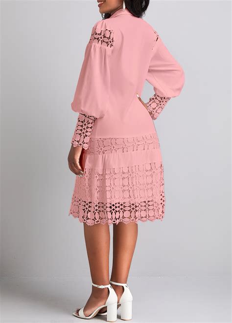 Lace Light Pink Long Sleeve Shirt Collar Shift Dress Rosewe USD