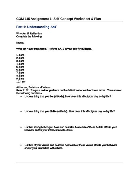 Part 1 Understanding Self Com 115 Assignment 1 Self Concept Worksheet And Plan Pdf