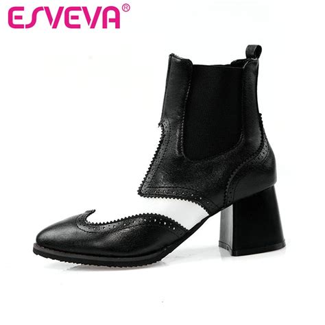 ESVEVA 2020 Women Shoes Ankle Boots Pointed Toe PU Leather Square High