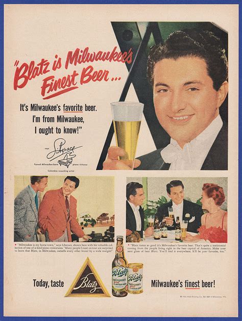 1952 BLATZ BEER Magazine Ad LIBERACE Milwaukee Favorite Old