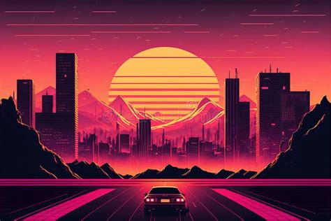 Synth Wave Retro City Landscape Background At Sunset Generative AI