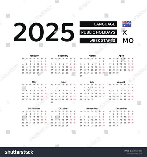 Australia Calendar 2025 Week Starts Monday Stock Vector Royalty Free