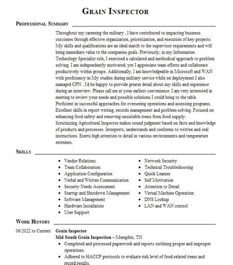 Grain Inspector Supervisor Resume Example