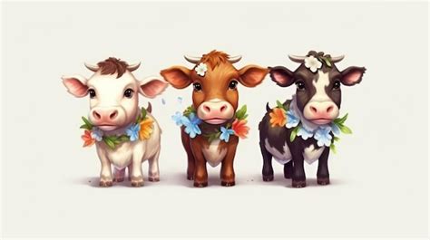 Premium Photo | A cartoon of three cows with flowers on their heads