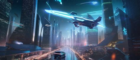 A Futuristic City at Night with a Jet Flying Over it. AI Generative ...