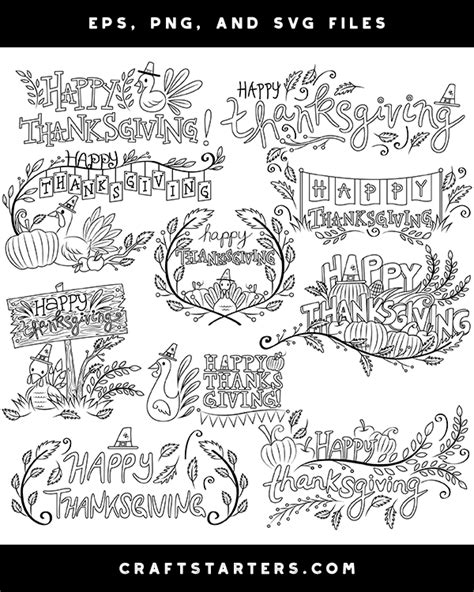 Happy Thanksgiving Digital Stamps | Black and White Clip Art