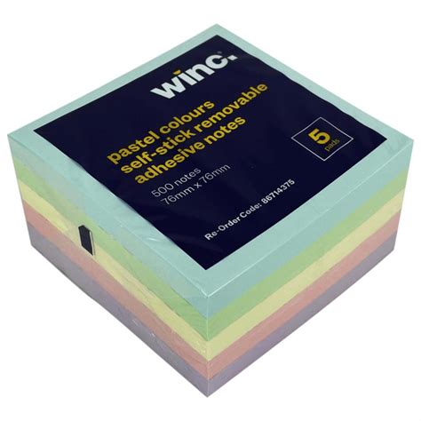 Winc Self Stick Removable Notes 76 X 76mm Pastel Pack 5 Winc