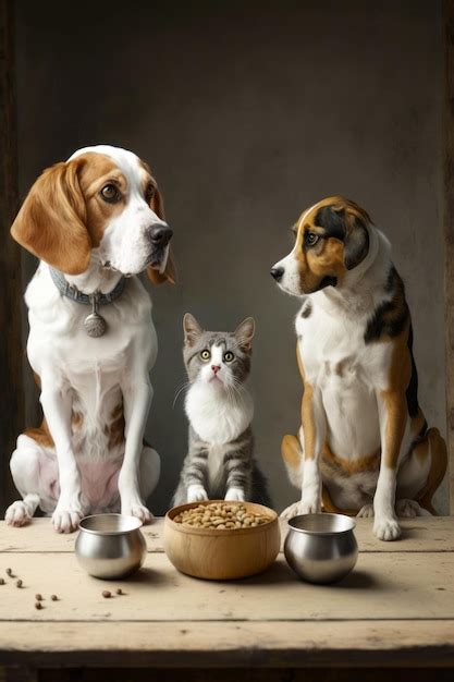 Cachorro E Gato Sentados Um Ao Lado Do Outro Uma Tigela De Comida