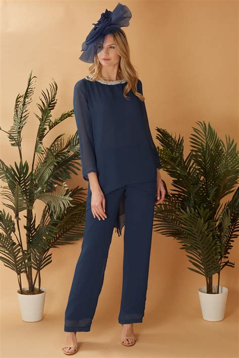 Julianna Chiffon Embellished Trouser Suit In Navy Roman Originals Uk