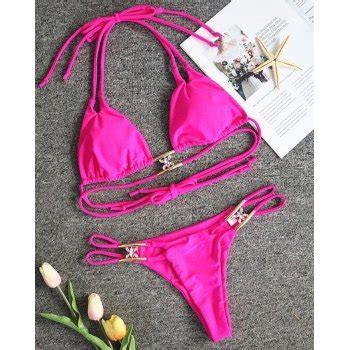 Emmiol Free Shipping Hanging Neck Rhinestone Lace Up Triangle Bikini Beetroot Purple M In