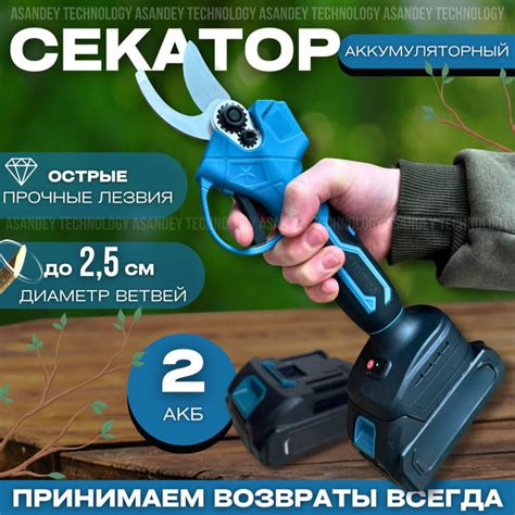 Садовый аккумуляторный секатор (сучкорез) с 2 сменными аккумуляторами в ...
