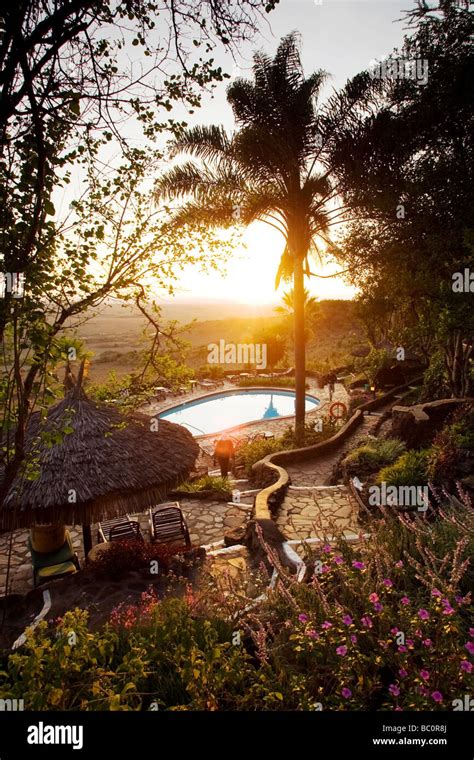 Serena Lodge Pool At Sunrise Masai Mara National Reserve Kenya Stock