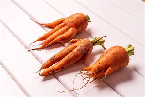 Cenouras Curvadas Feias Na Moda No Fundo De Madeira Branco Imagem De