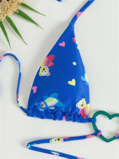 Emmiol Free Shipping 2024 Heart Decor Bear Print Halter Bikini Set Blue