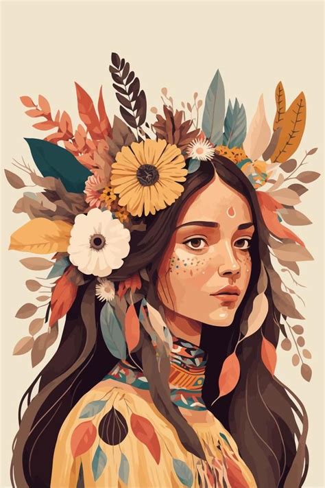 Boho Indian Tribal Girl Portrait With Feathers In Hair And Wearing