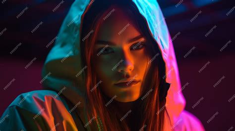 Premium Ai Image A Woman Stands In Front Of A Neon Wall With Neon