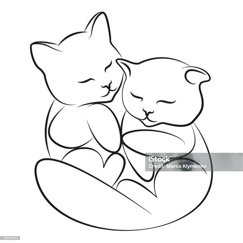 Two Cats Hugging Kittens Line Drawing Stock Illustration - Download ...