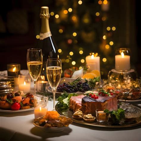 A Richly Set Table For A New Year S Party Plates Glasses Champagne Candles With A Blurry