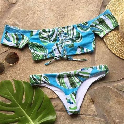 Sexy Women White Green Leaf Chest Lace Up Short Sleeve Of Shoulder Two Piece Bikini On Luulla