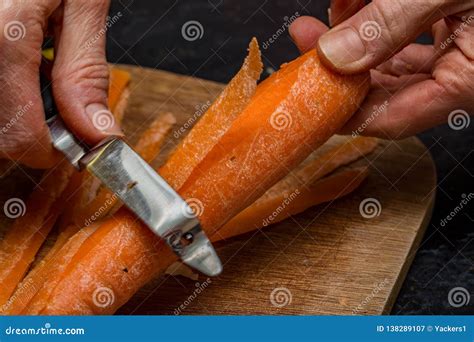 Close Up Of Chef Peeling Carrots Stock Image Image Of Cook Healthy