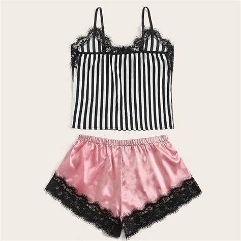 Sexy Soft Satin Vertical Stripes Lace Trim Camisole And Panty Two Piece Lingerie Set N