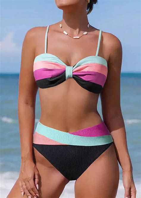 Color Block Ruched Bikini Set Bellelily