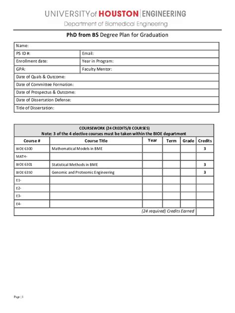 Fillable Online Bme Uh Edusitesbmephd From Bs Degree Plan For