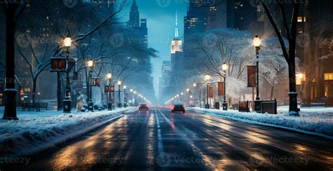 Night snowy Christmas American city New York, Manhattan area, New Year ...