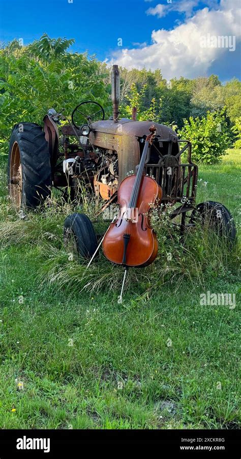 Cello in front of rusty deteriorating tractor Stock Photo - Alamy