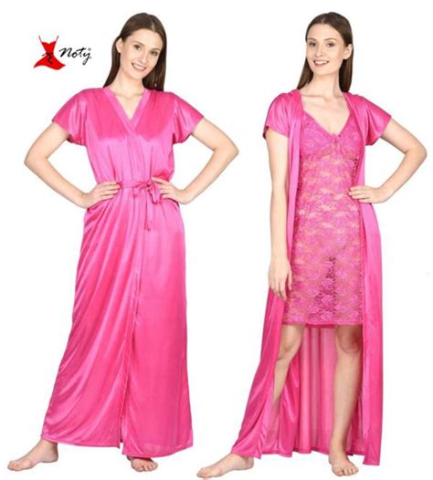 Noty Women S Nighty Set Satin Fabric Hot Night Slip With Robe Rosy Pink Free Size Jiomart