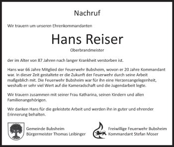 Traueranzeigen Von Hans Reiser Schwaebische De Trauerportal