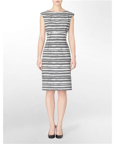 Calvin Klein White Label Pleated Belted Striped Sheath Dress In Gray