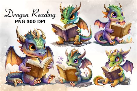 Dragon Reading Book Sublimation Clipart Graphic By Cat Lady · Creative