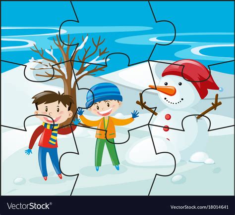 Jigsaw puzzle game with kids and snowman Vector Image