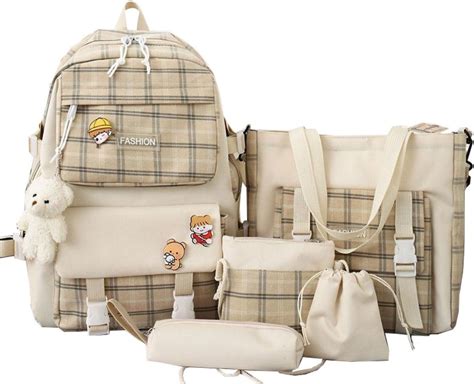 Amazon Mininai Pcs Plaid Aesthetic Backpack Set With Cute Pins