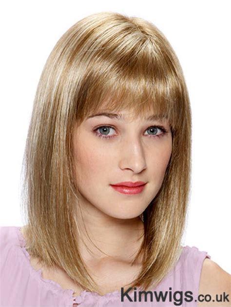 Lace Front Human Hair Wigs Blonde Color Shoulder Length With Bangs