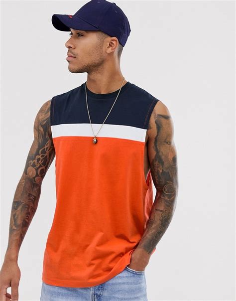 Asos Design Relaxed Sleeveless T Shirt With Dropped Armhole With Contrast Panels In Orange