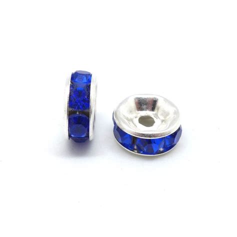 10 Perles Intercalaire Rondelle Argenté À Strass De Couleur Bleu