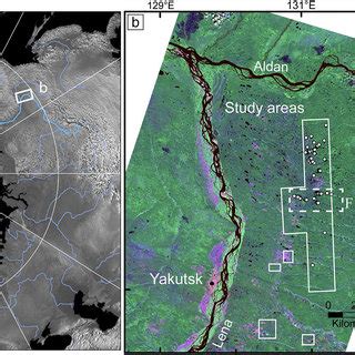 Localization of the study areas in Central Yakutia. (a) Shaded-relief ...