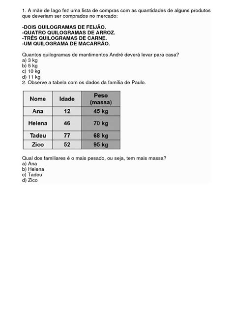 Atividade Sobre Medida De Massa Pdf